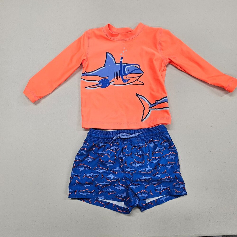 2pc Boys Carters Shark Long Sleeve Rash Guard Shorts Bathing Shorts Size 12month